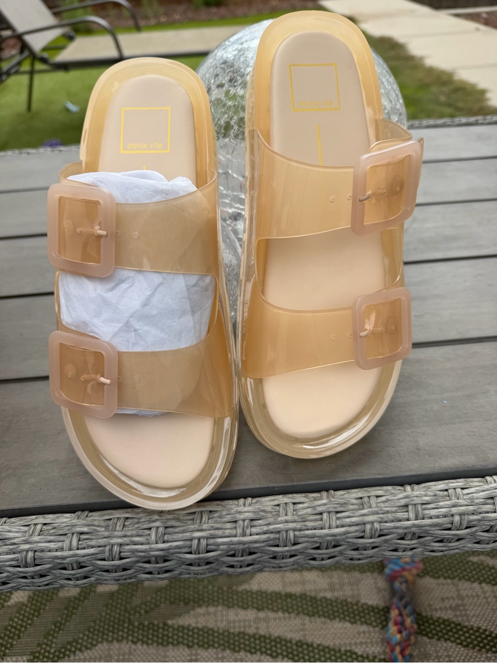 Dolce Vita Nude Tan Transparent Buckle Slide Sandals - Picture 1 of 3